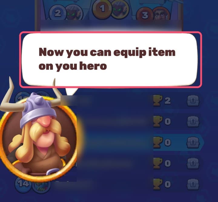 Mystic Duel main screen during the tutorial, with the speech bubble Now you can equip item on you hero outlined in red and other players' names blurred.
