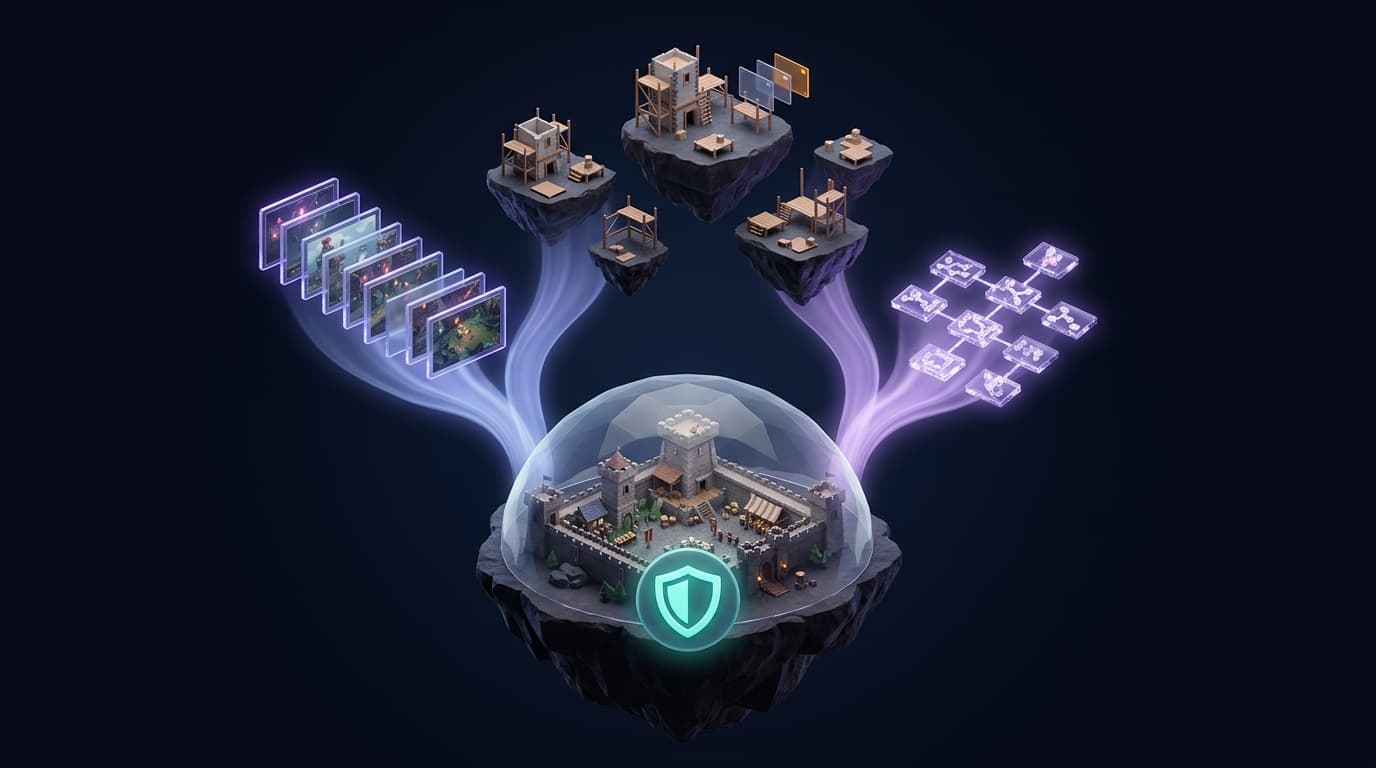 A game level under a testing dome forms the base. Streams of gameplay evidence and a map of game screens rise from it into smaller workshops built above.