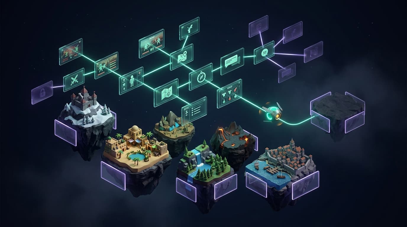 A map of connected game screens floats above several game islands. Most screens glow as confirmed, a few are dim, and a small probe follows the lit route toward a new island.