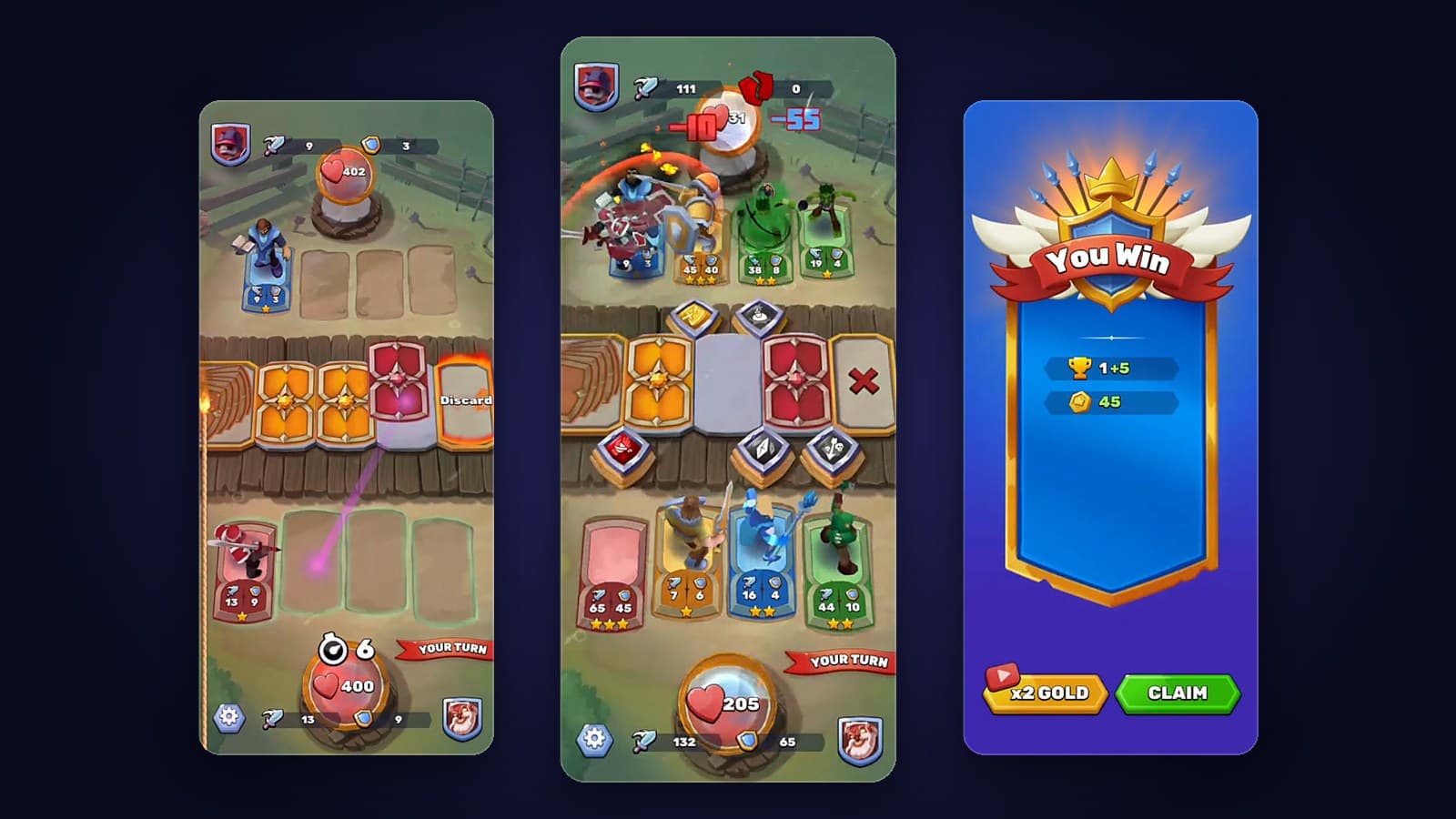 Three Mystic Duel phone screens from one run: the agent dragging a red card next to its red hero, a battle board taking damage, and a You Win victory screen.