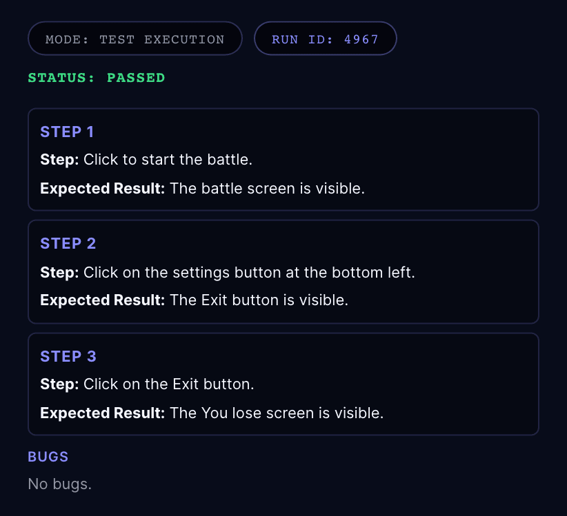 Run Results panel for a passed test execution: three plain-English steps (start a battle, open settings, exit), each with its expected result, and no bugs.
